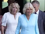 The queen, in a floral dress, was joined by the actor who portrayed her husband in a TV series