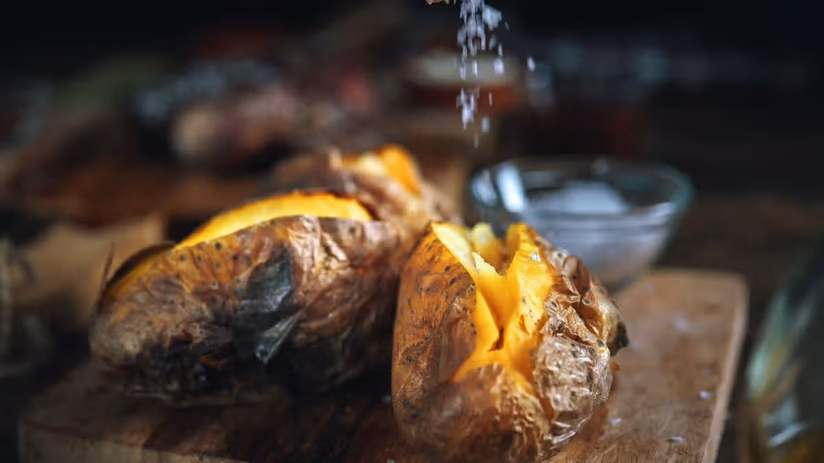 Adding this ingredient before baking makes jacket potatoes fluffier, according to multiple sources