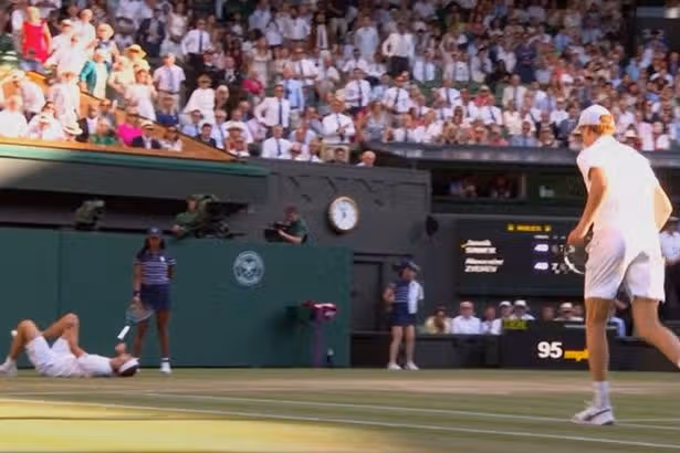 Alexander Zverev winces in pain after nasty fall in Wimbledon final vs Jannik Sinner