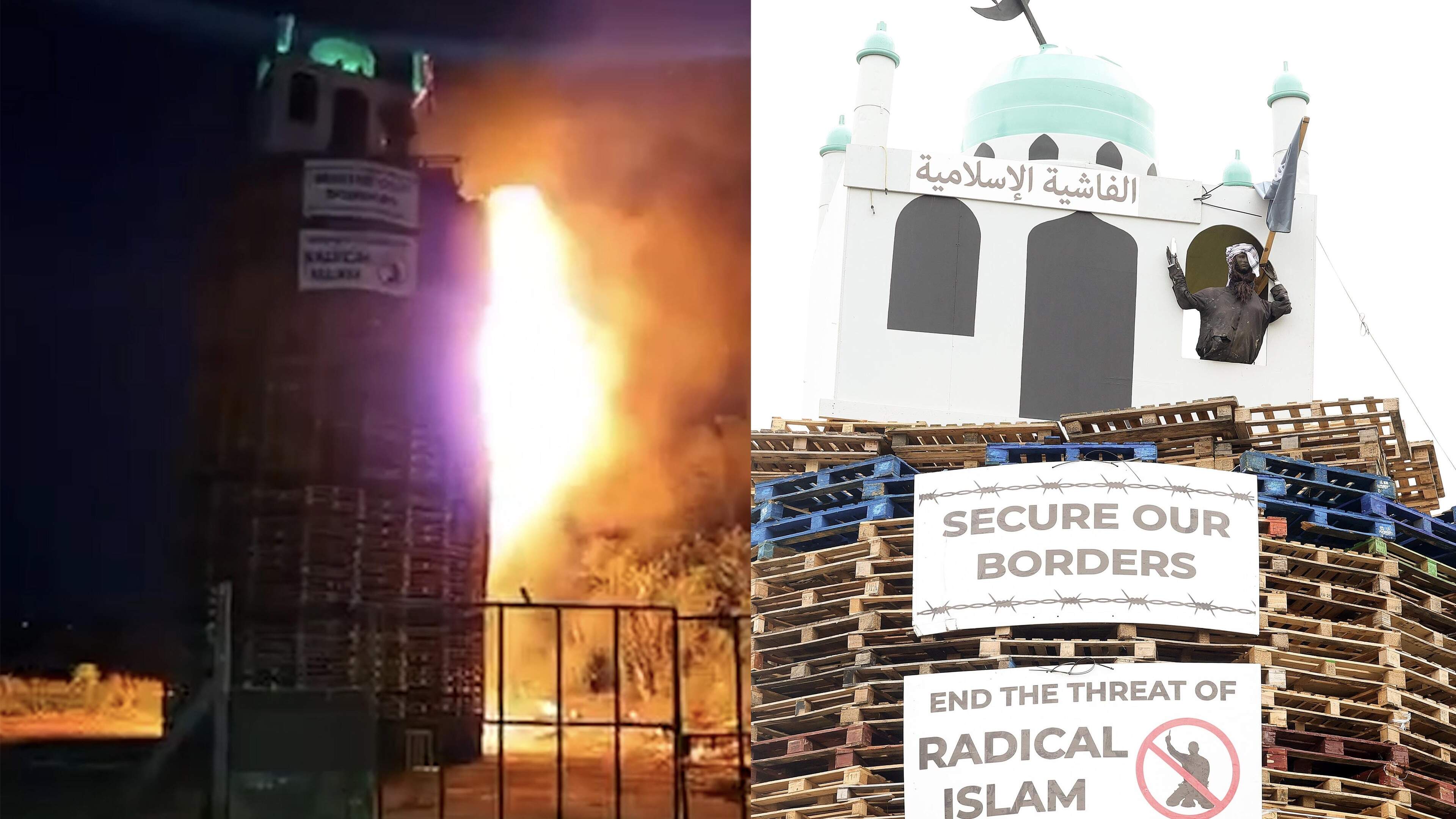 Man charged as Moygashel 'hate' bonfire with replica mosque is torched before major police operation