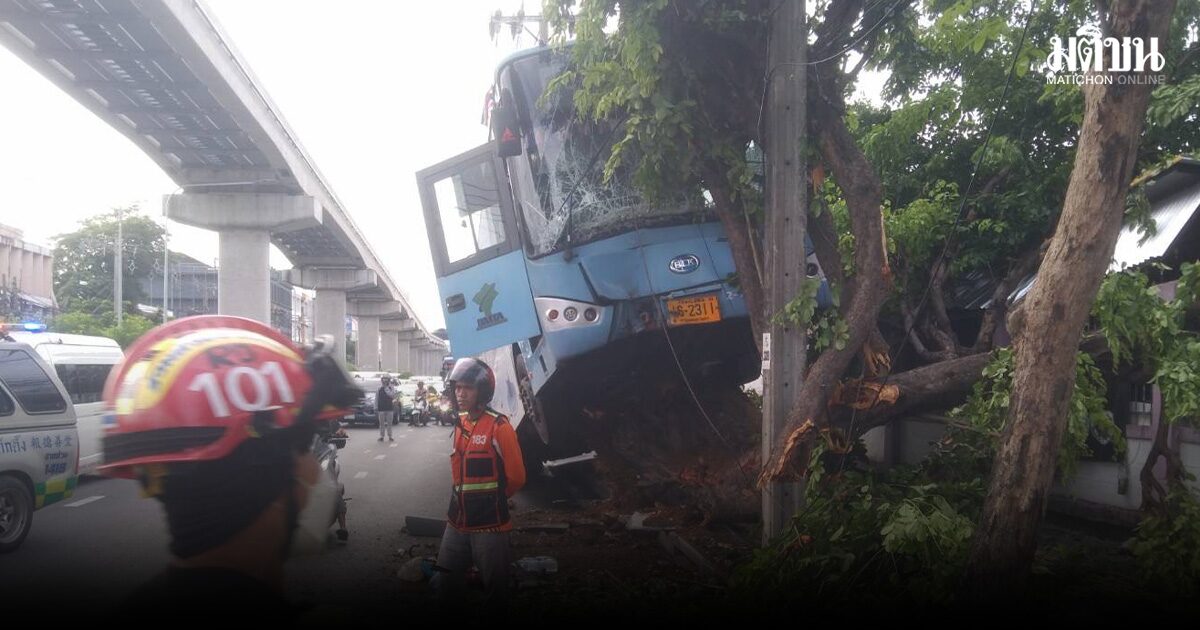 10 passengers injured as bus veers off course, flies into tree, snapping it in half on Lat Phrao Road; cause under investigation